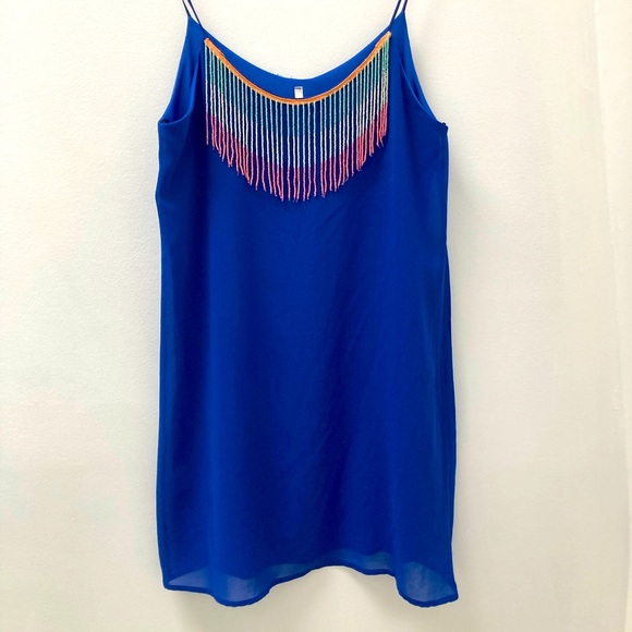 Sage blue mini dress with beautiful beaded detailing at neck size small - Picture 2 of 5